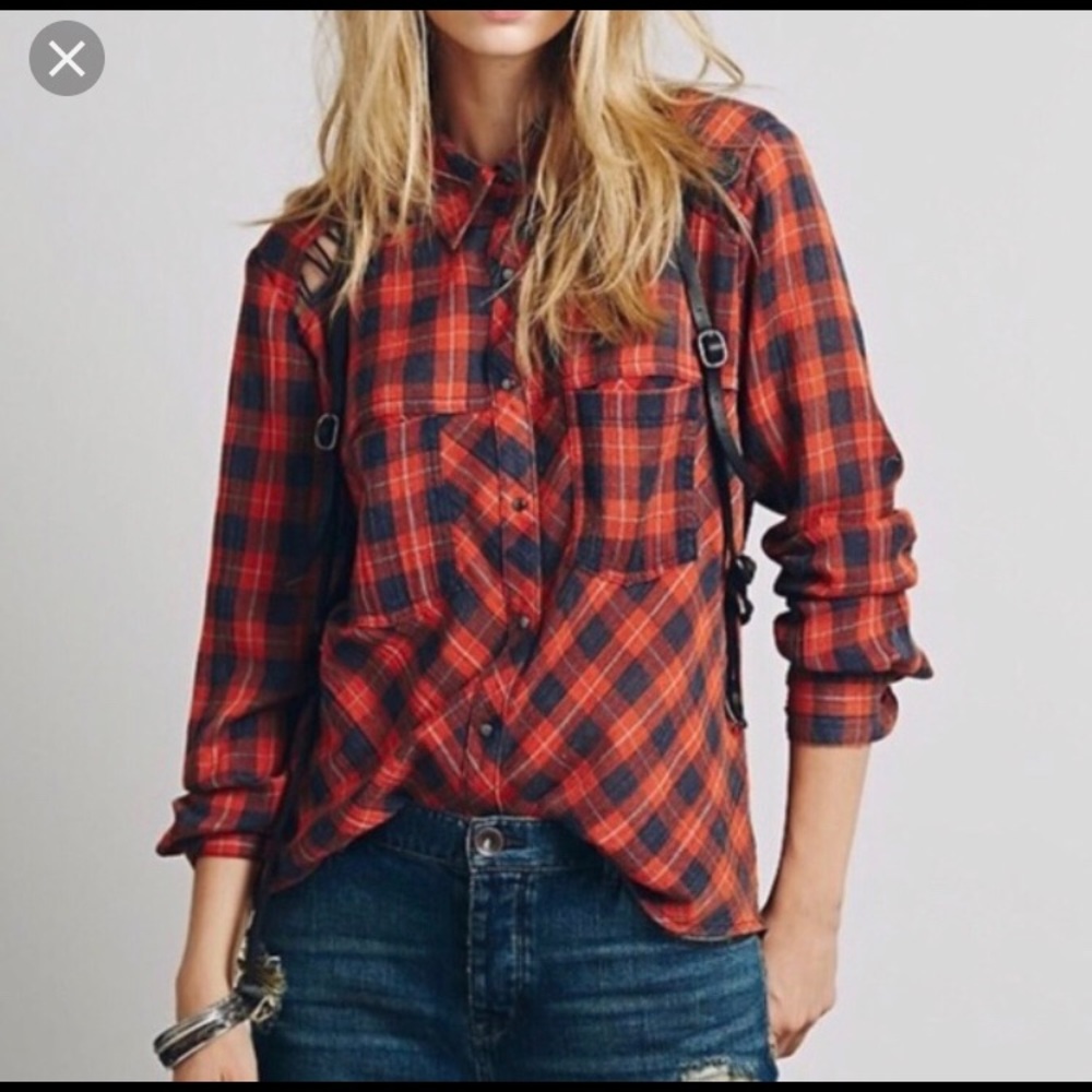 Free People Orange and blue cotton flannel